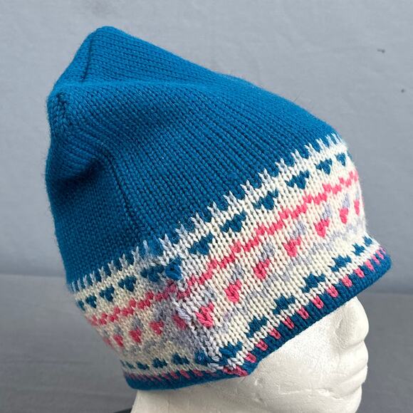 VTG MadHatter Wool Knit Beanie Hat Blue Pink Fair Isle Heart Canada Retro 80s OS - Picture 12 of 16